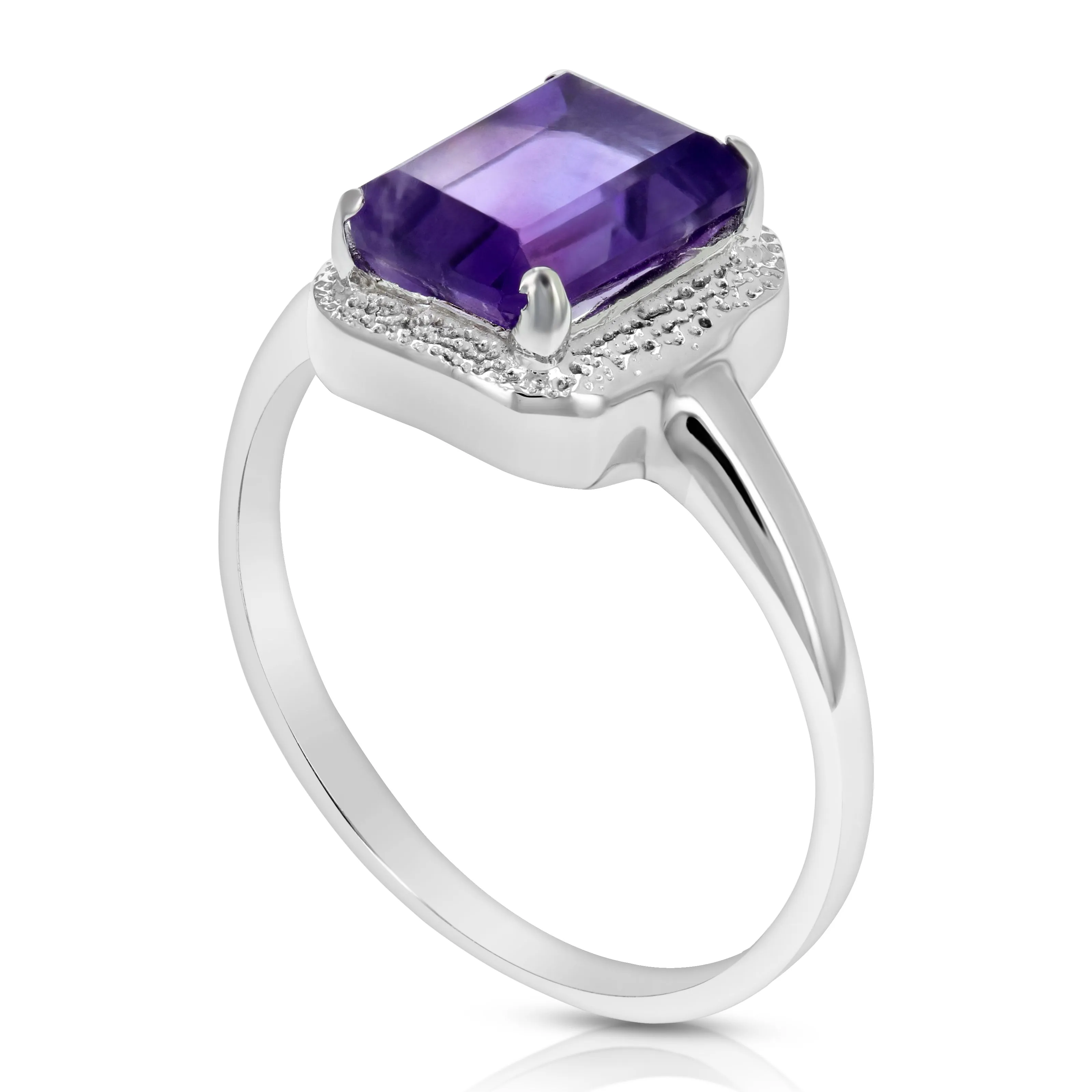 0.90 cttw Purple Amethyst Ring .925 Sterling Silver with Rhodium Emerald 8x6 MM