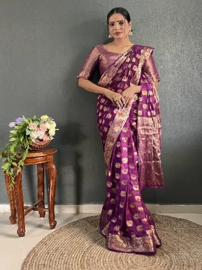 1 Min Wine Pure Chiffon Weaving Stitched Readymade Saree