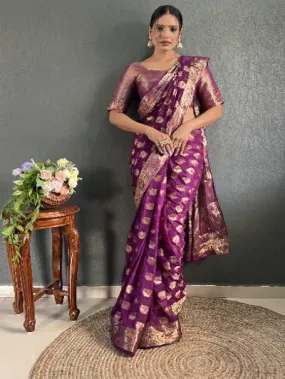 1 Min Wine Pure Chiffon Weaving Stitched Readymade Saree