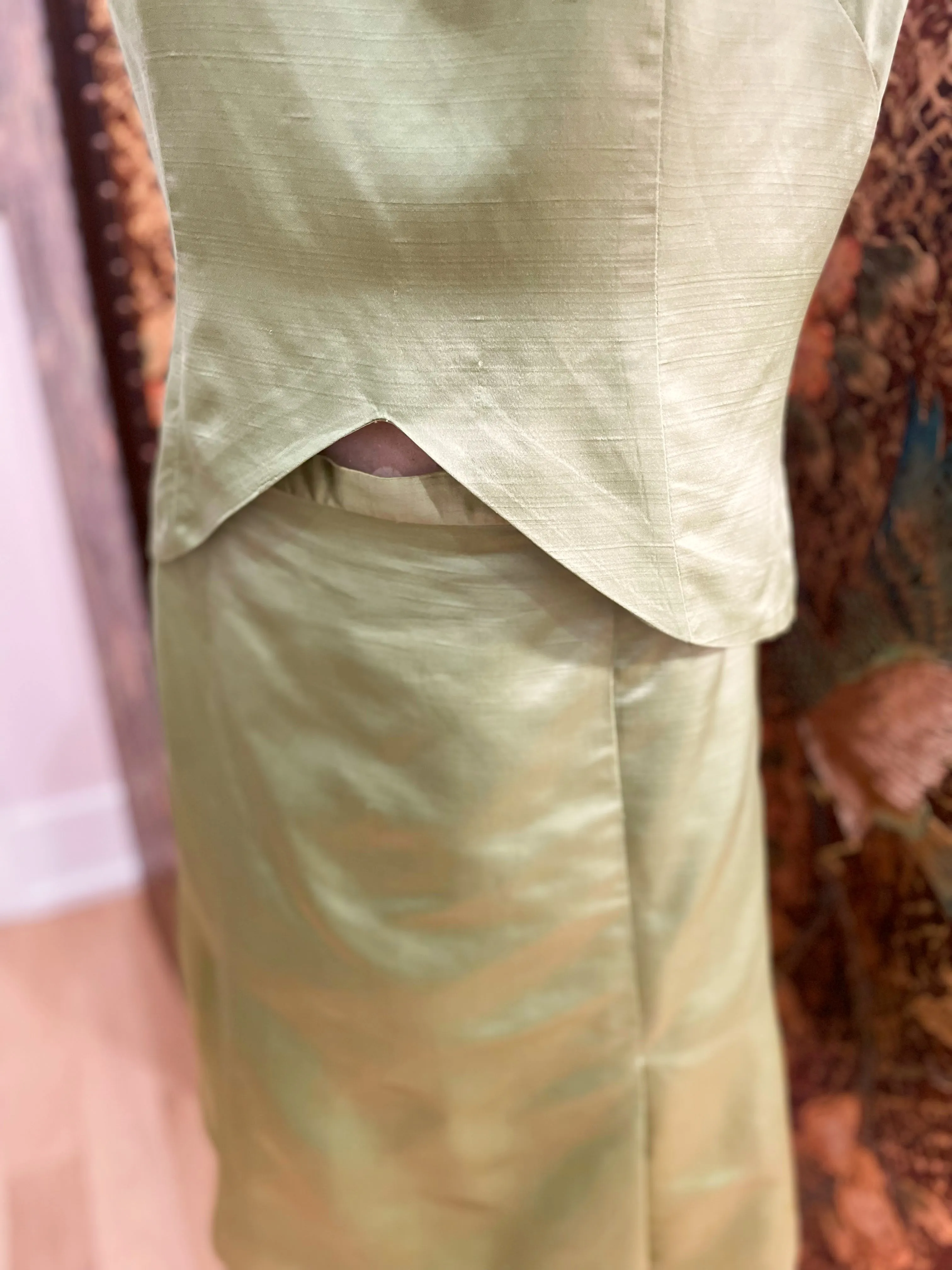 1960s Satin Green Peek-a-Boo Top And Matching Skirt