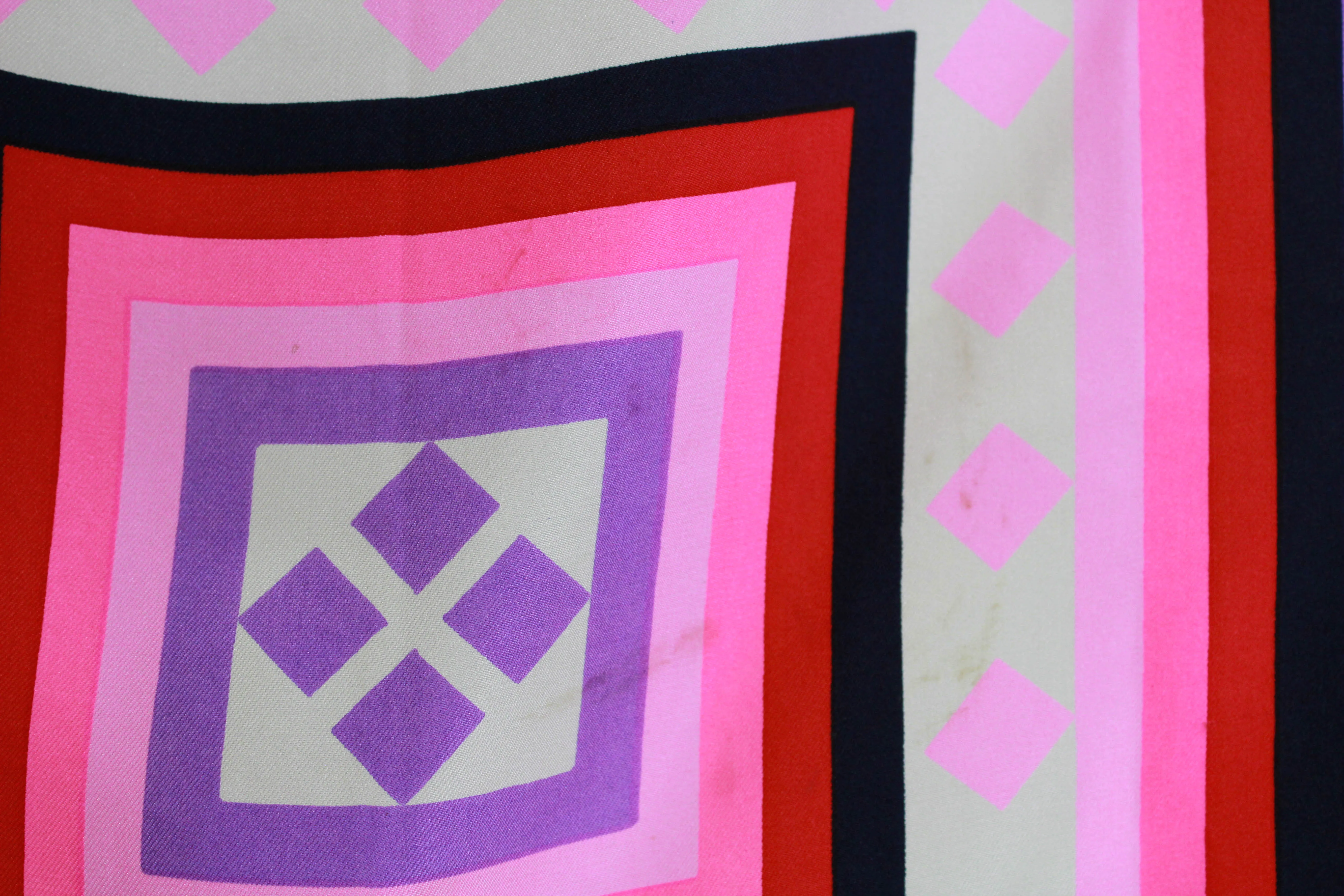 1970s Geoffrey Beene Silk Scarf, Bright Pink Geometric Print