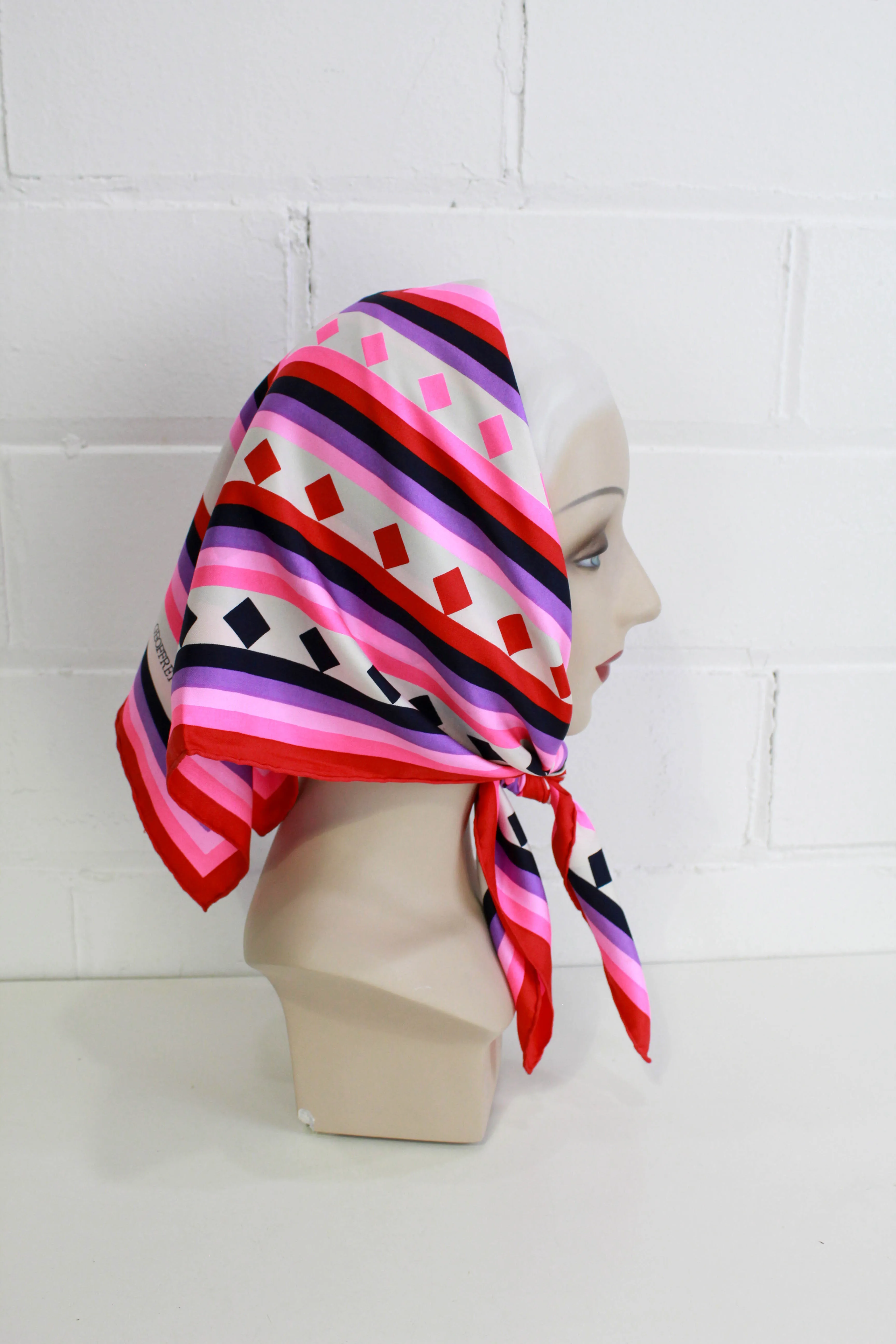 1970s Geoffrey Beene Silk Scarf, Bright Pink Geometric Print