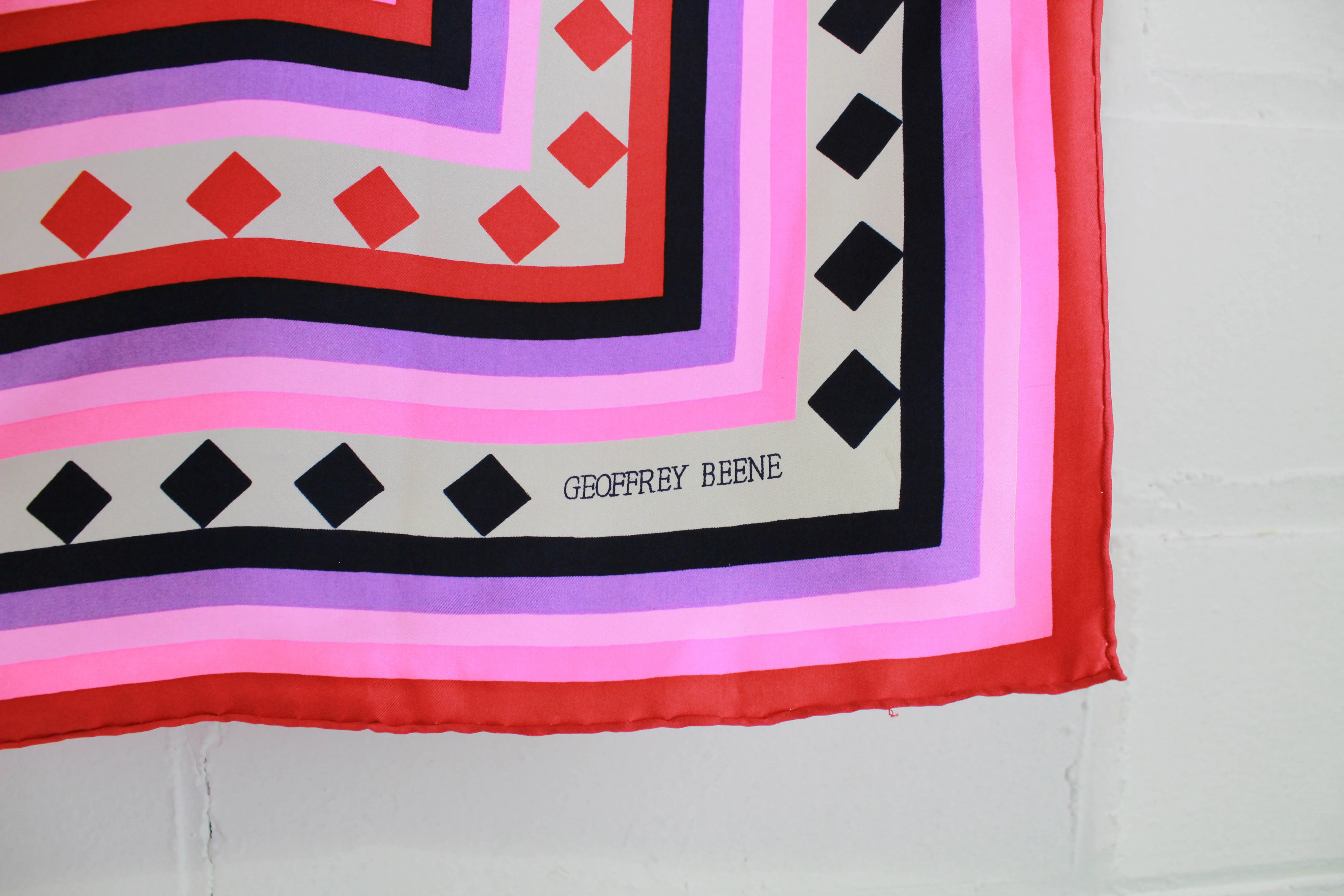 1970s Geoffrey Beene Silk Scarf, Bright Pink Geometric Print