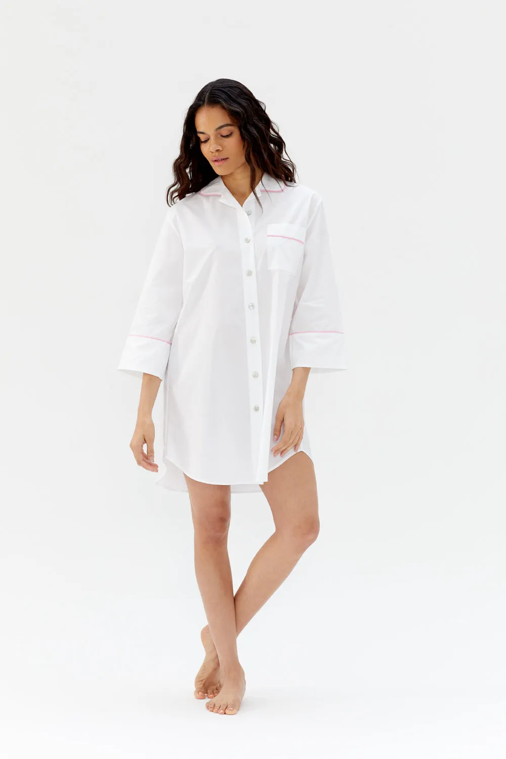 Ally White Cotton Nightshirt - Pink Piping