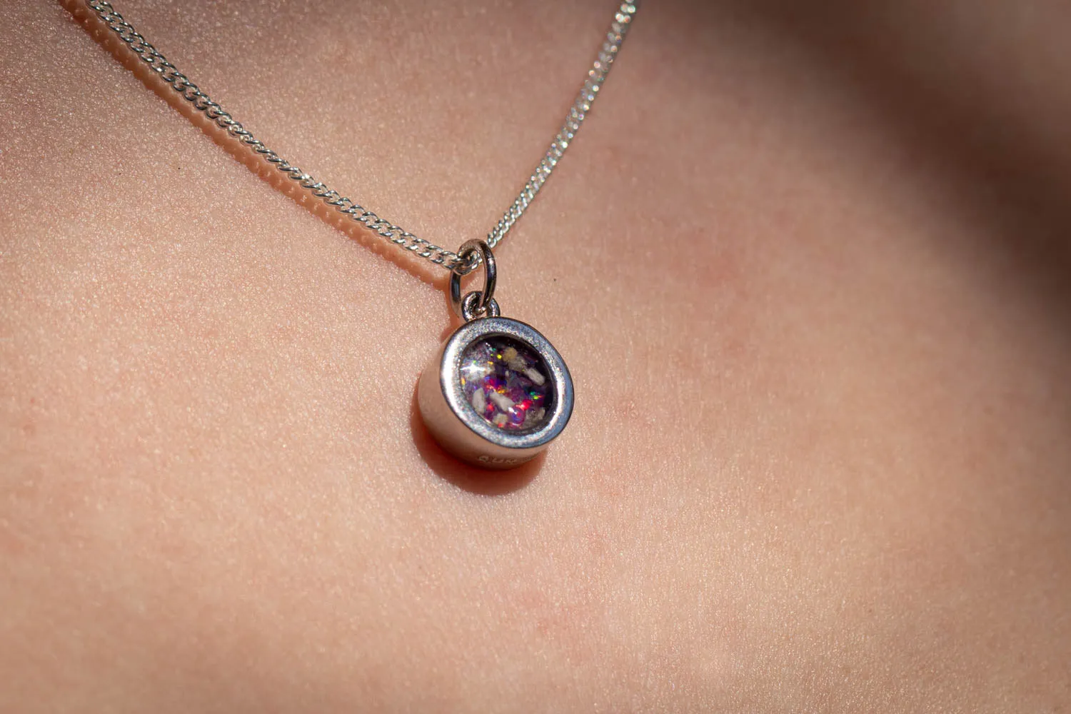 Dainty Silver Circle Pendant with Crushed Opal and Cremation Ash