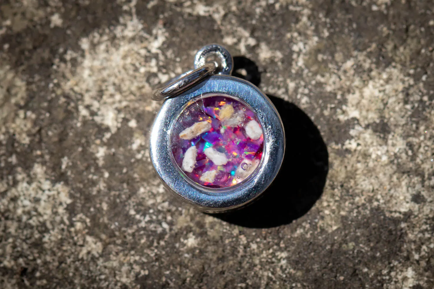 Dainty Silver Circle Pendant with Crushed Opal and Cremation Ash