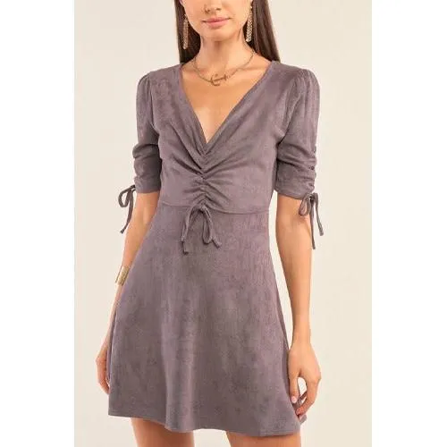 Deep v-neckline self-tie gathered chest detail juniors dress