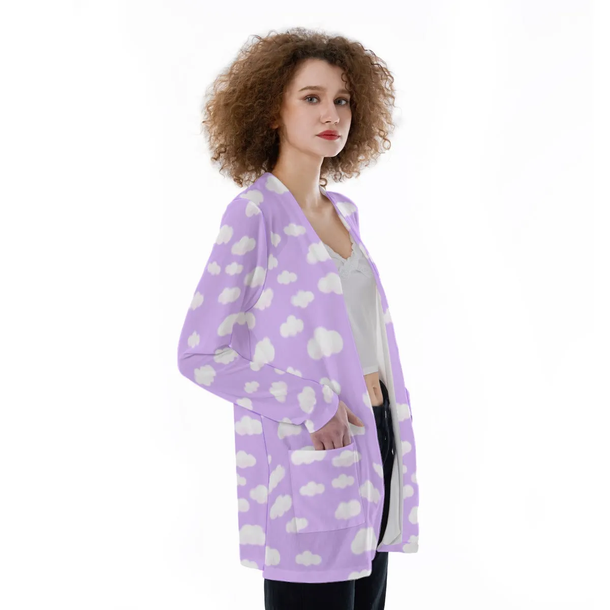 Dreamy Clouds Open Front Lightweight Cardigan With Pockets (Lilac)