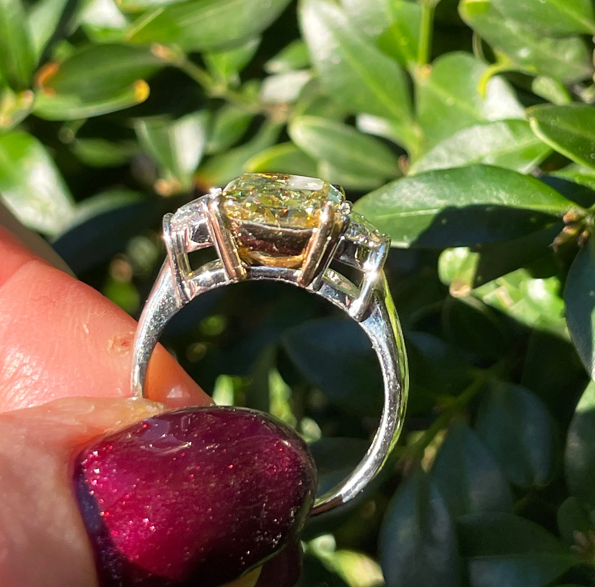 Estate GIA 4.85ct Natural Fancy Yellow RADIANT 3 Stone Diamond Engagement Platinum 18K YG Ring