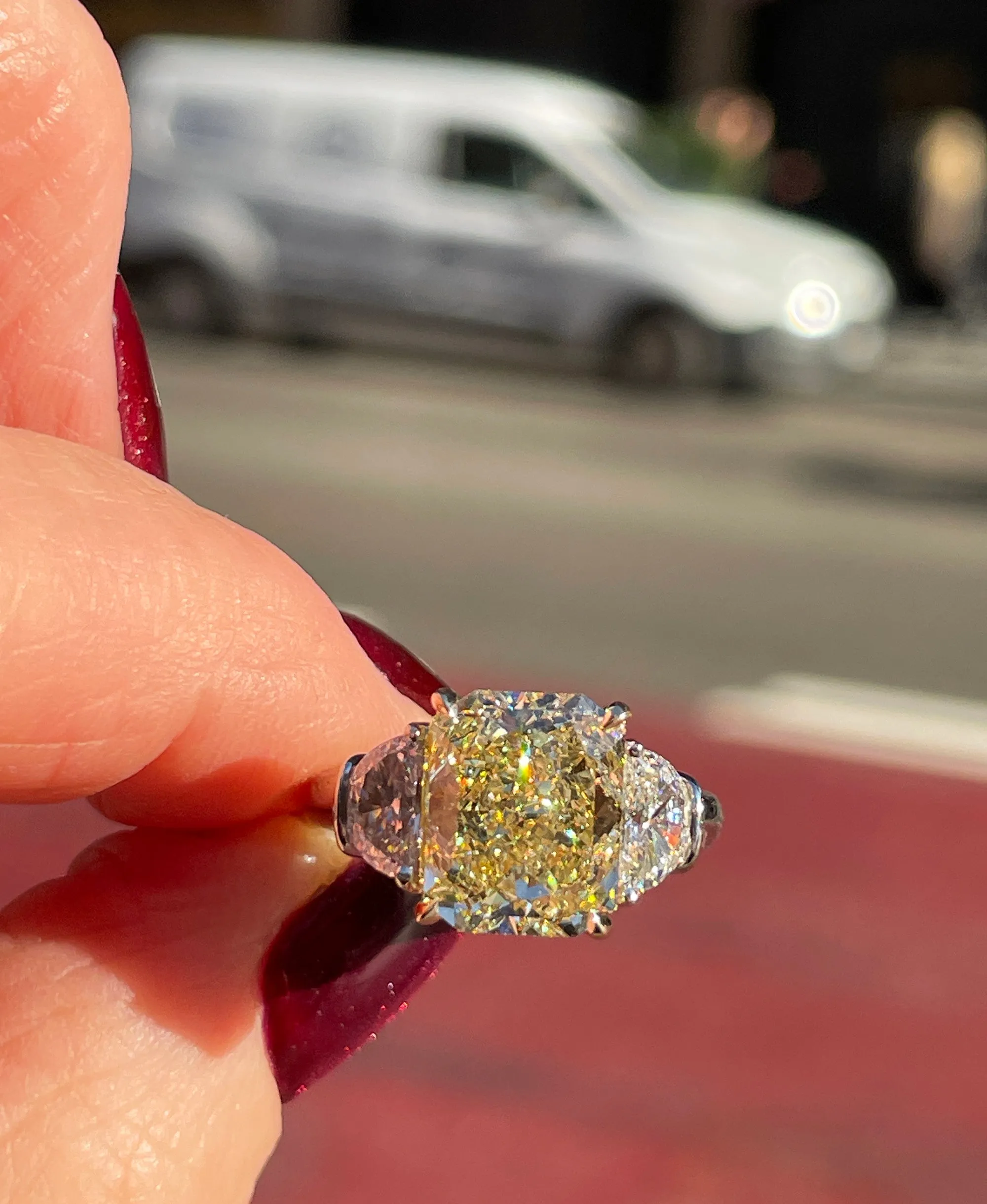 Estate GIA 4.85ct Natural Fancy Yellow RADIANT 3 Stone Diamond Engagement Platinum 18K YG Ring