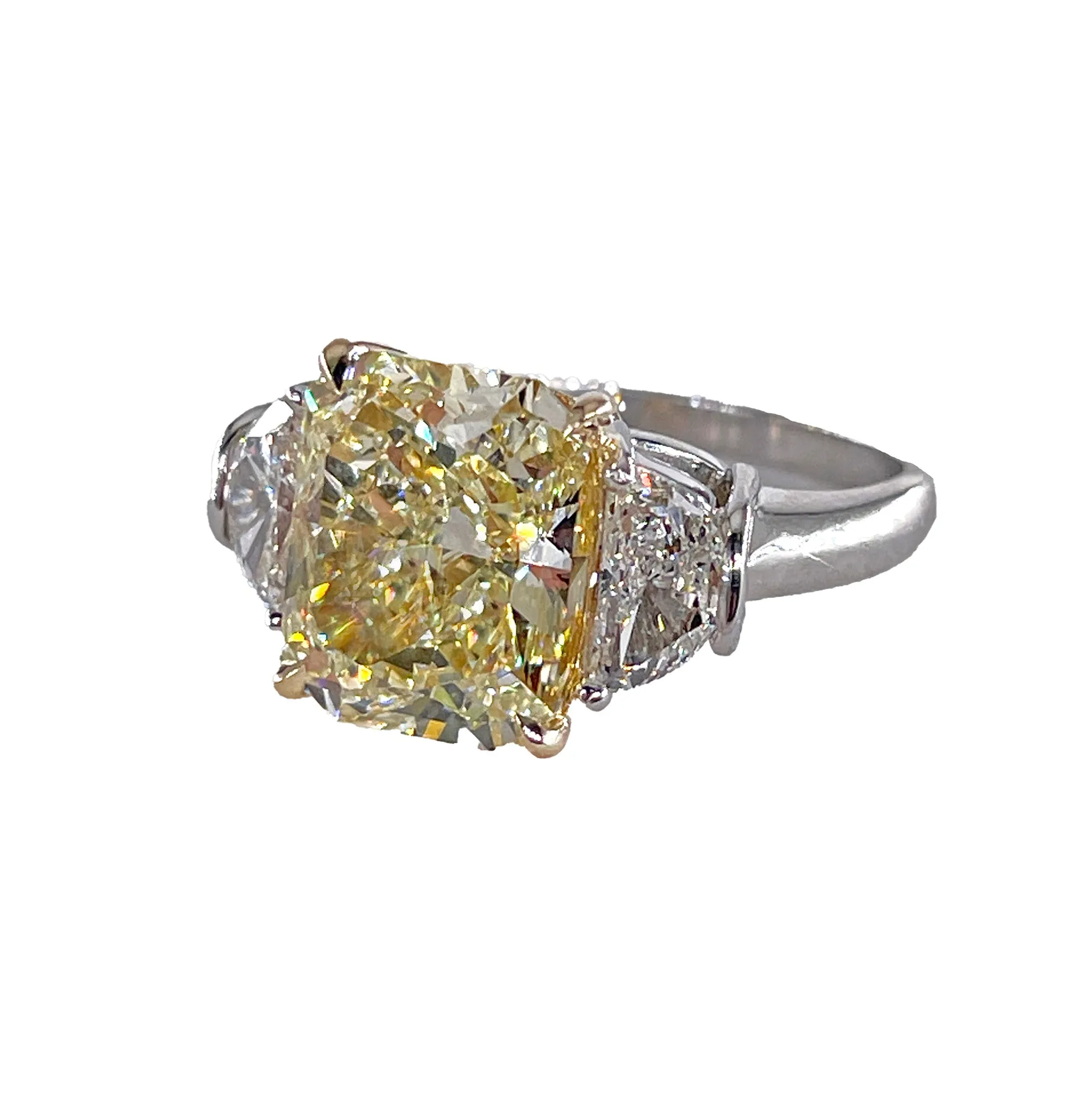 Estate GIA 4.85ct Natural Fancy Yellow RADIANT 3 Stone Diamond Engagement Platinum 18K YG Ring