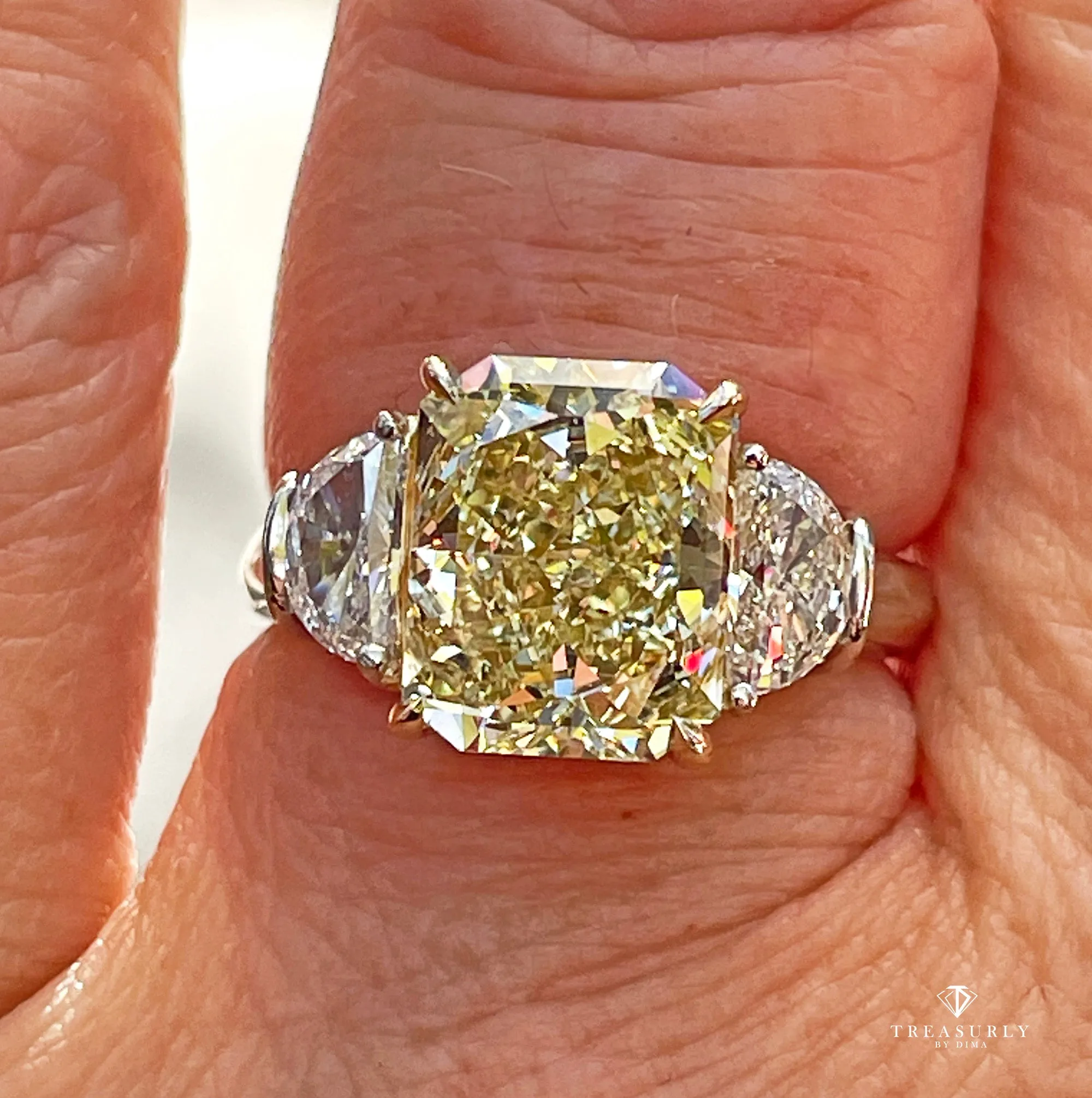 Estate GIA 4.85ct Natural Fancy Yellow RADIANT 3 Stone Diamond Engagement Platinum 18K YG Ring