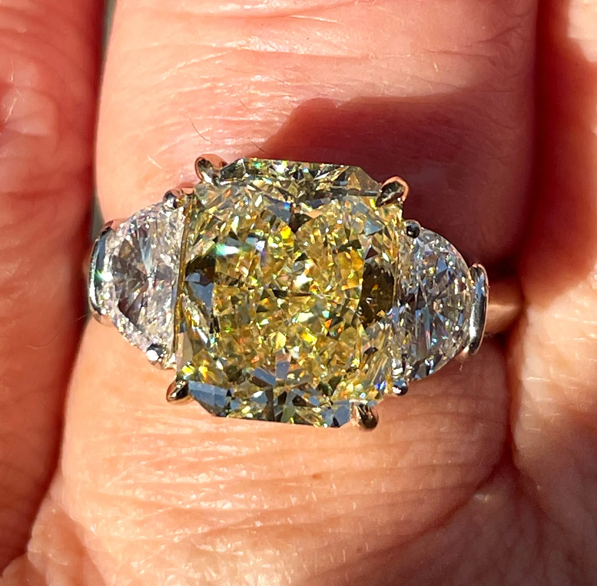 Estate GIA 4.85ct Natural Fancy Yellow RADIANT 3 Stone Diamond Engagement Platinum 18K YG Ring