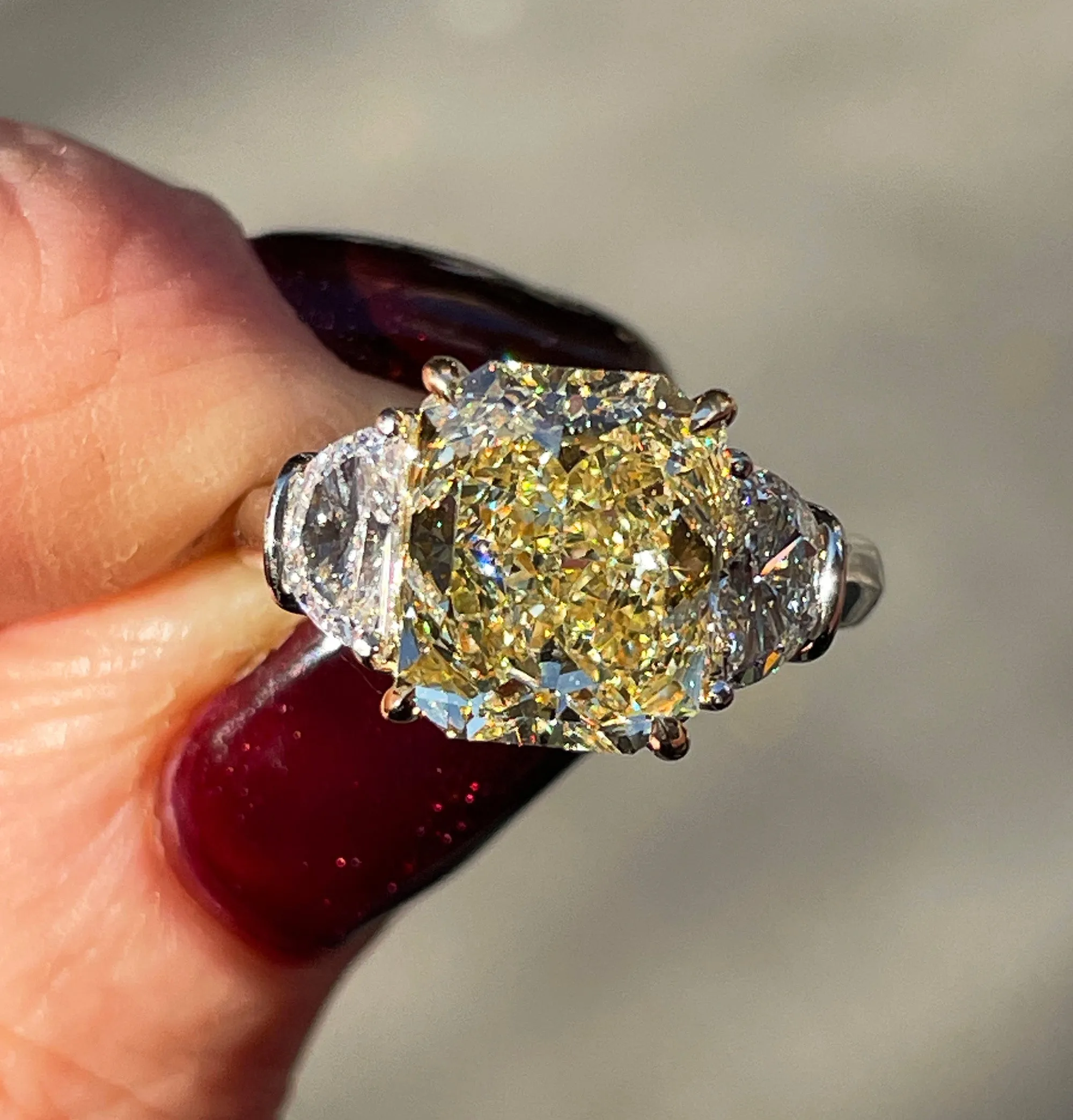 Estate GIA 4.85ct Natural Fancy Yellow RADIANT 3 Stone Diamond Engagement Platinum 18K YG Ring