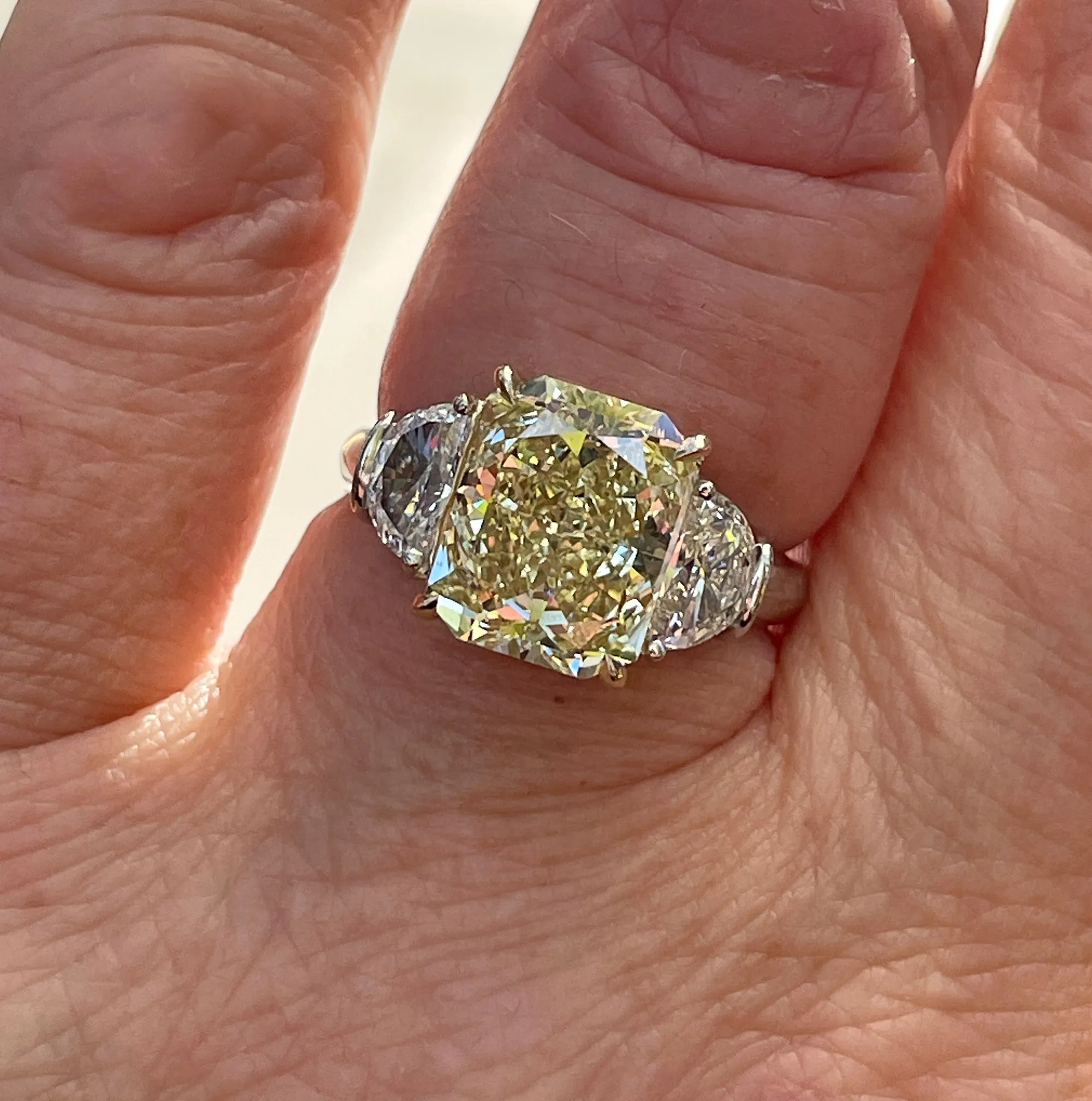 Estate GIA 4.85ct Natural Fancy Yellow RADIANT 3 Stone Diamond Engagement Platinum 18K YG Ring