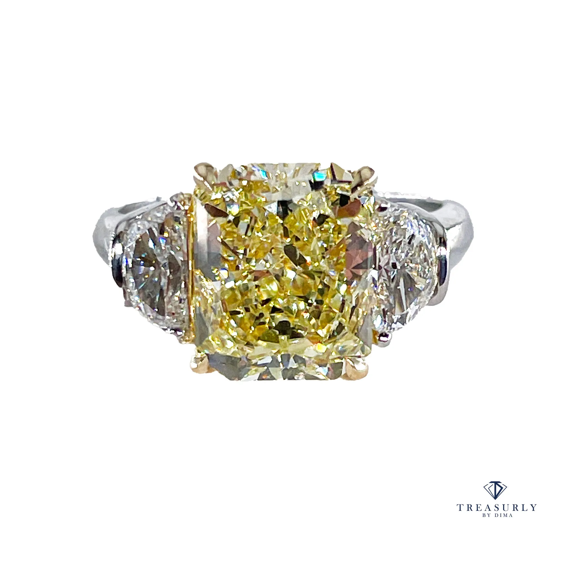 Estate GIA 4.85ct Natural Fancy Yellow RADIANT 3 Stone Diamond Engagement Platinum 18K YG Ring