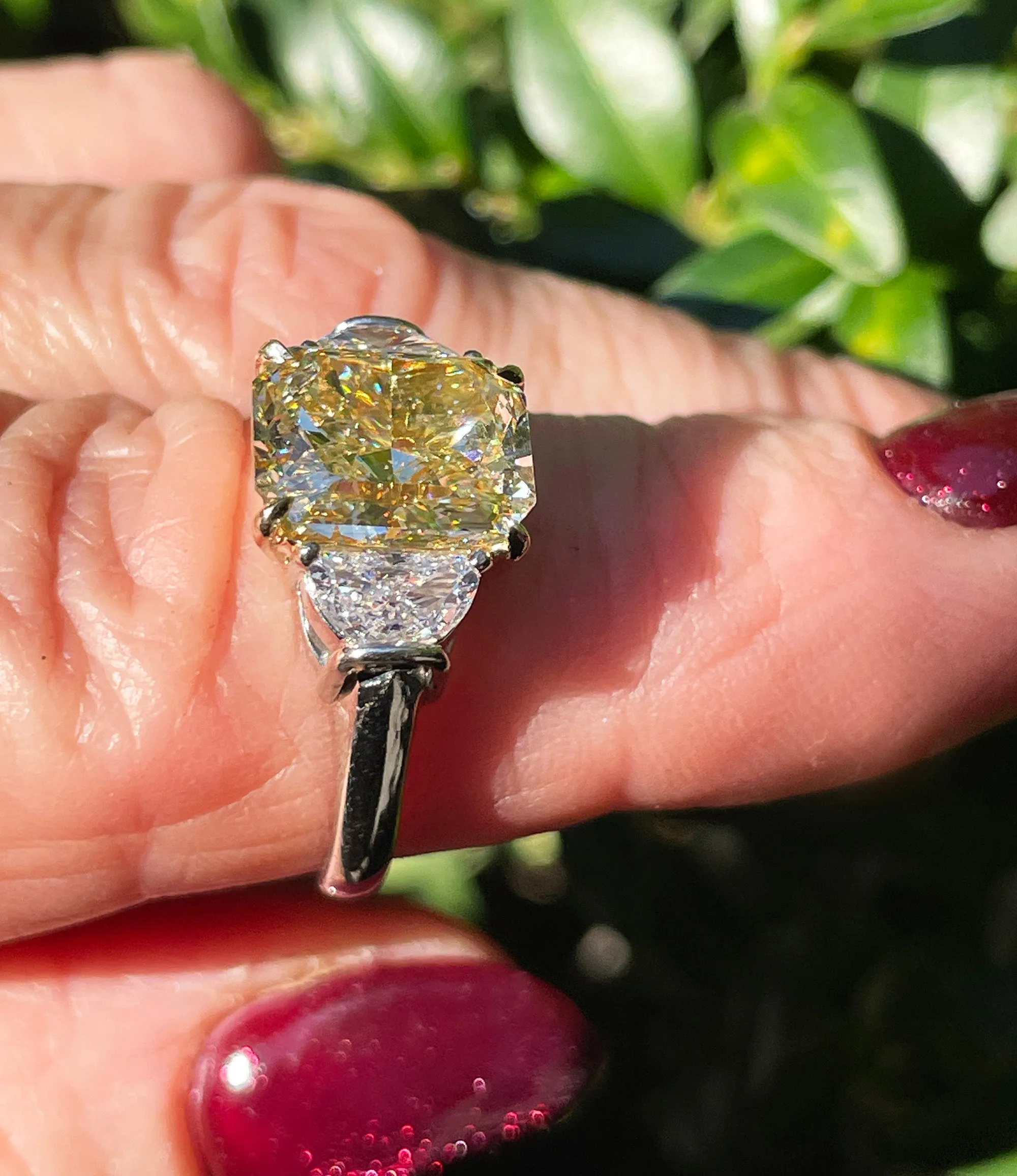 Estate GIA 4.85ct Natural Fancy Yellow RADIANT 3 Stone Diamond Engagement Platinum 18K YG Ring