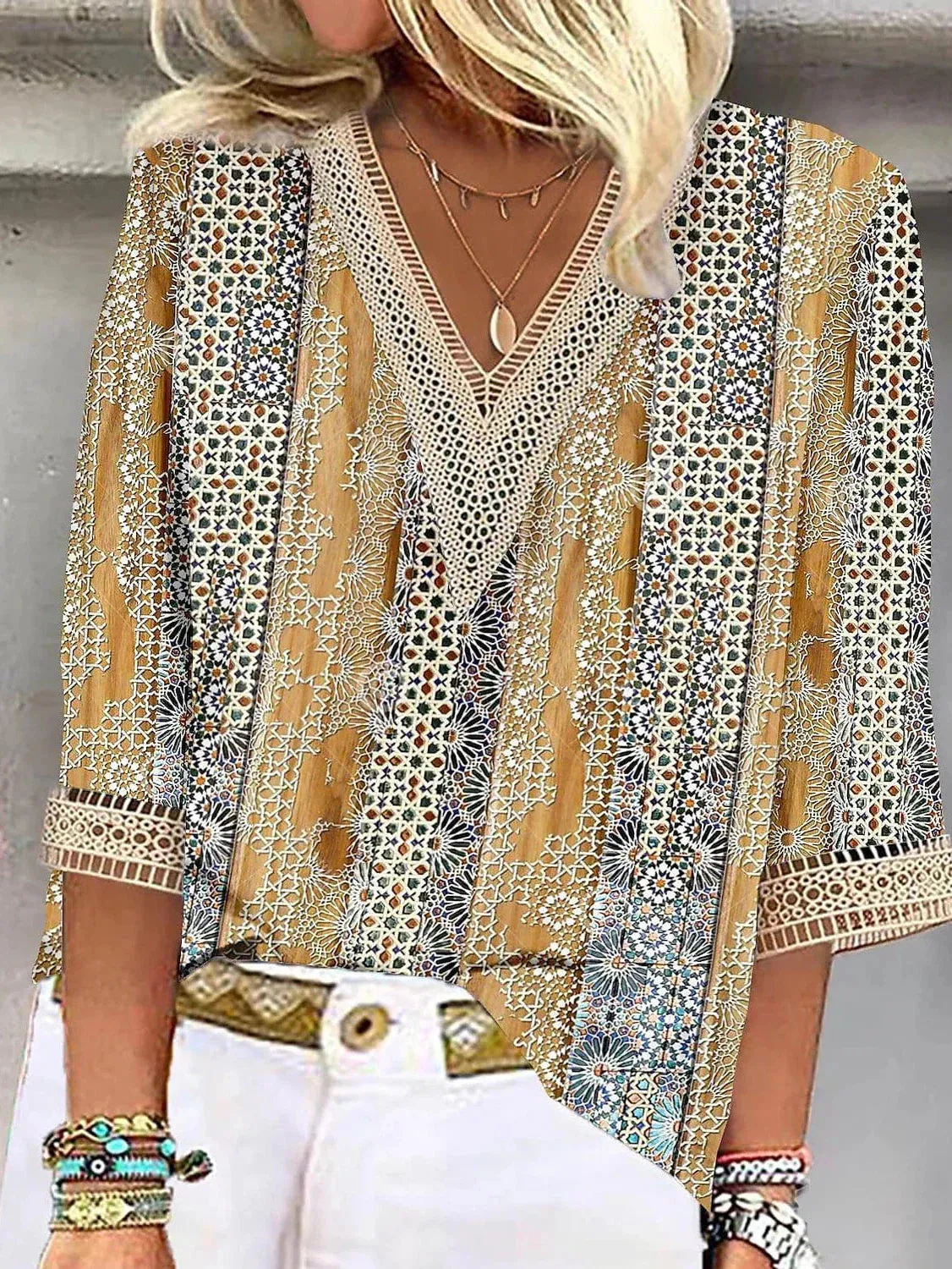 Everyday Chic Lace Shirt Blouse with Graphic Print and V Neck