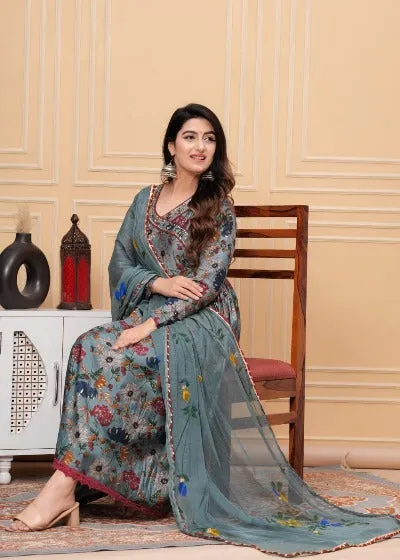 Grey Angharakha Style Muslin Designer Anarkali Suit Set