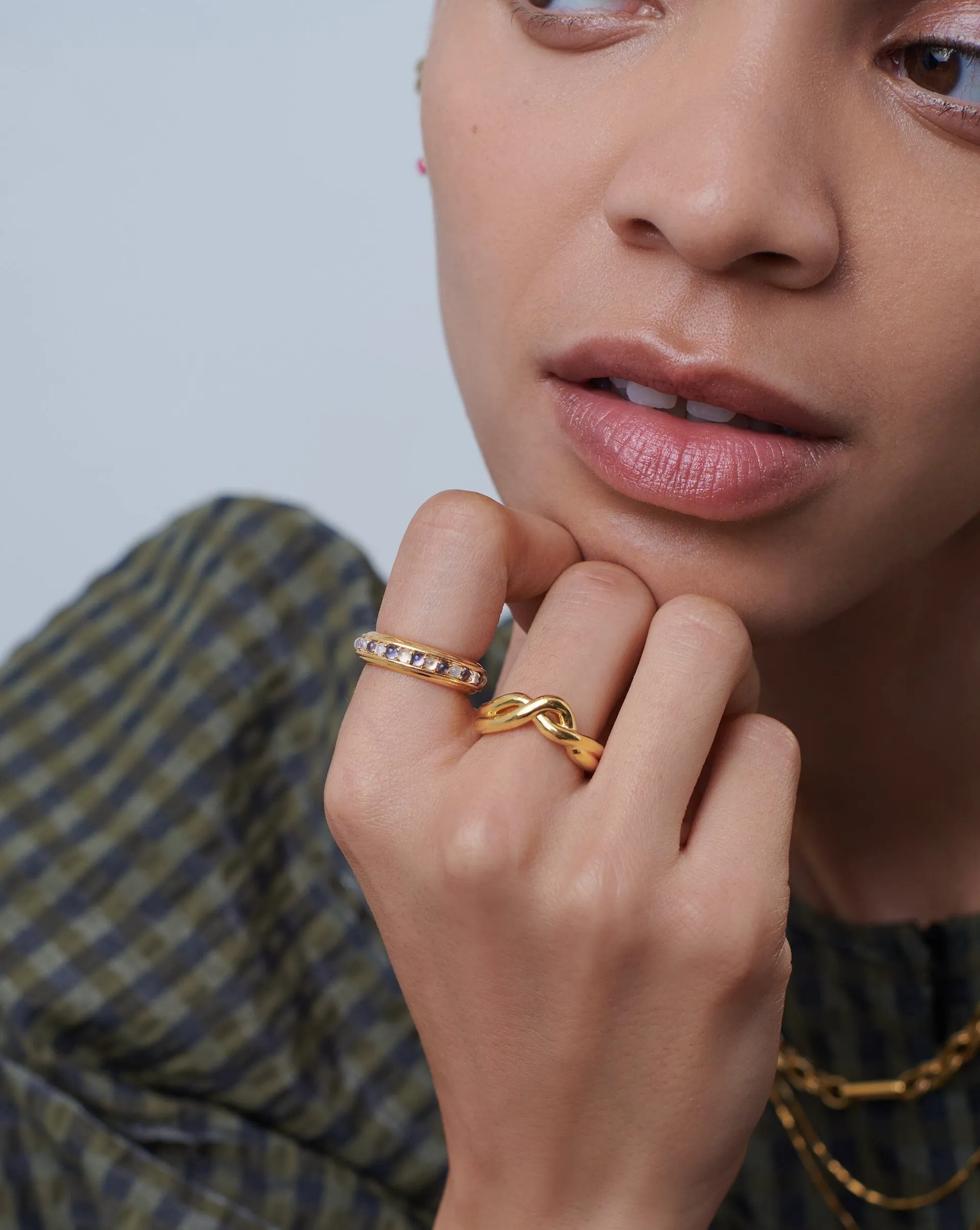 Hot Rox Gemstone Stacking Ring | 18ct Gold Plated Vermeil/Rainbow Moonstone & Iolite