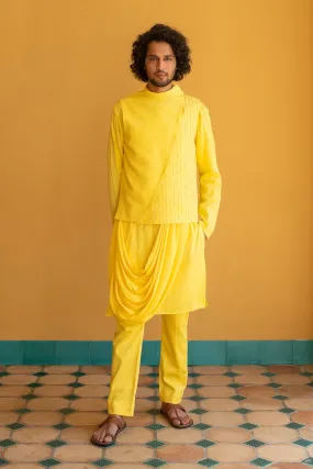 MEHERZAD - Embroidered  Yellow Nehru Jacket Paired with Drape Kurta & Trouser set