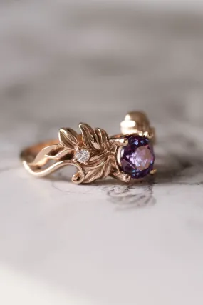 Nature themed engagement ring with alexandrite, colour changing gemstone