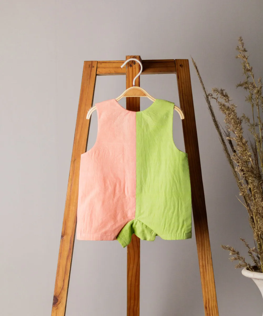 Pink green cotton colorblock sleveless short jumpsuit