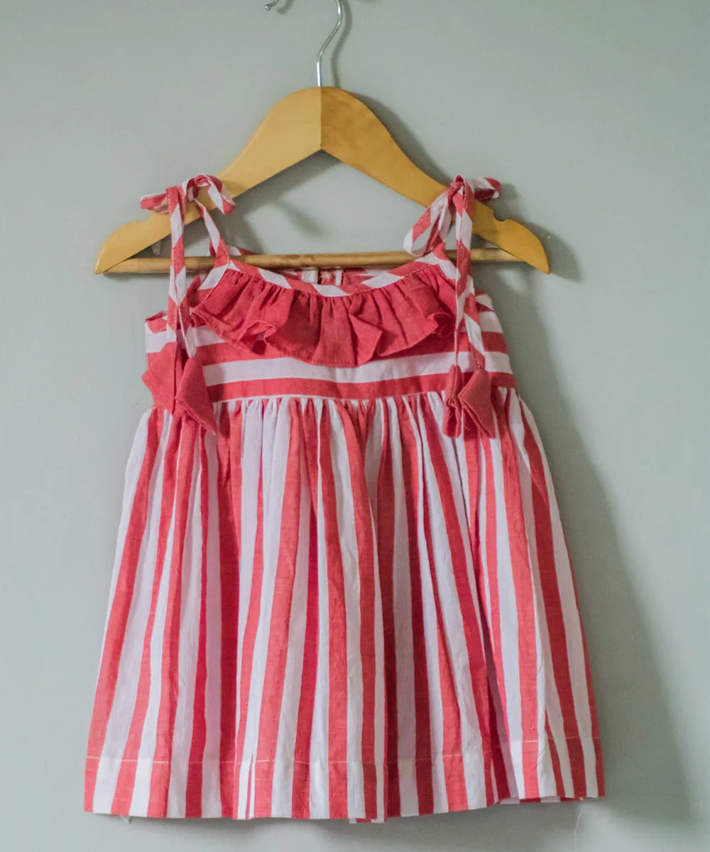 Red white handwoven cotton frilled neck dress