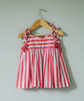 Red white handwoven cotton frilled neck dress