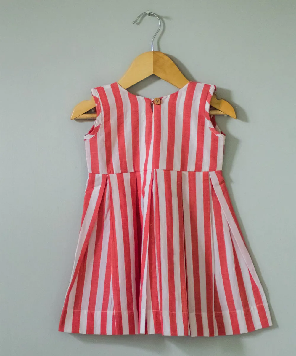 Red white handwoven v neck cotton dress