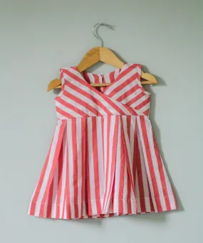 Red white handwoven v neck cotton dress