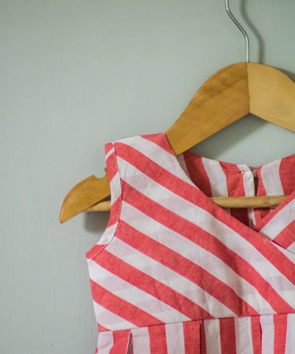 Red white handwoven v neck cotton dress