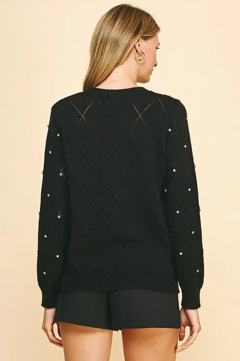 Rhinestone Crew Sweater - Black