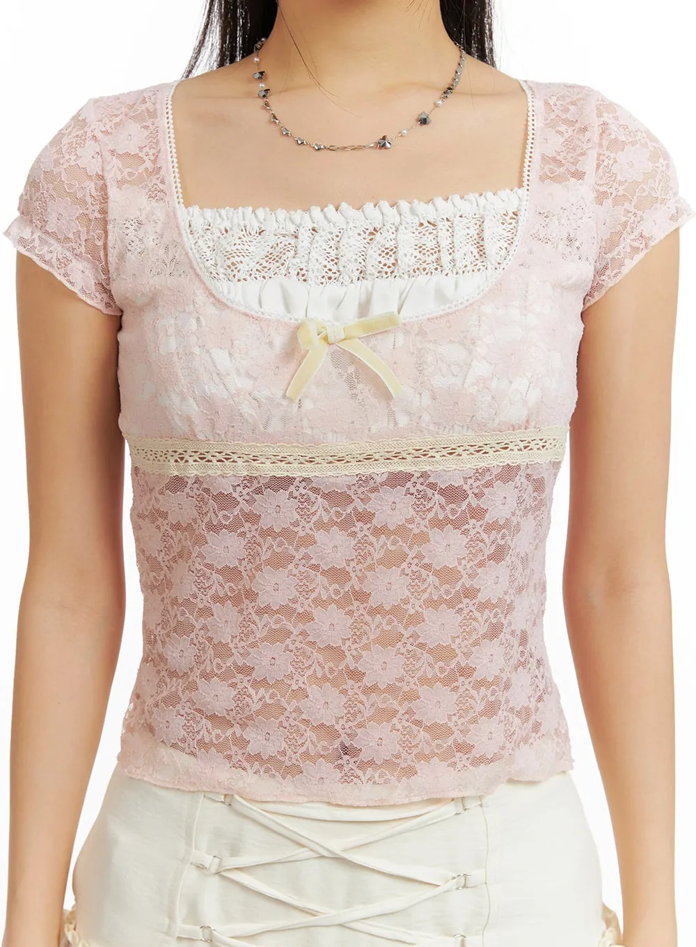 Ribbon Lace See-Through Crop Top CF426