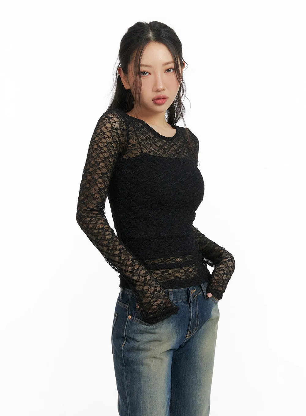 Round Neck Sheer Lace Top CM426