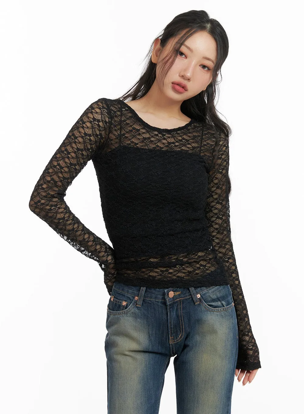 Round Neck Sheer Lace Top CM426