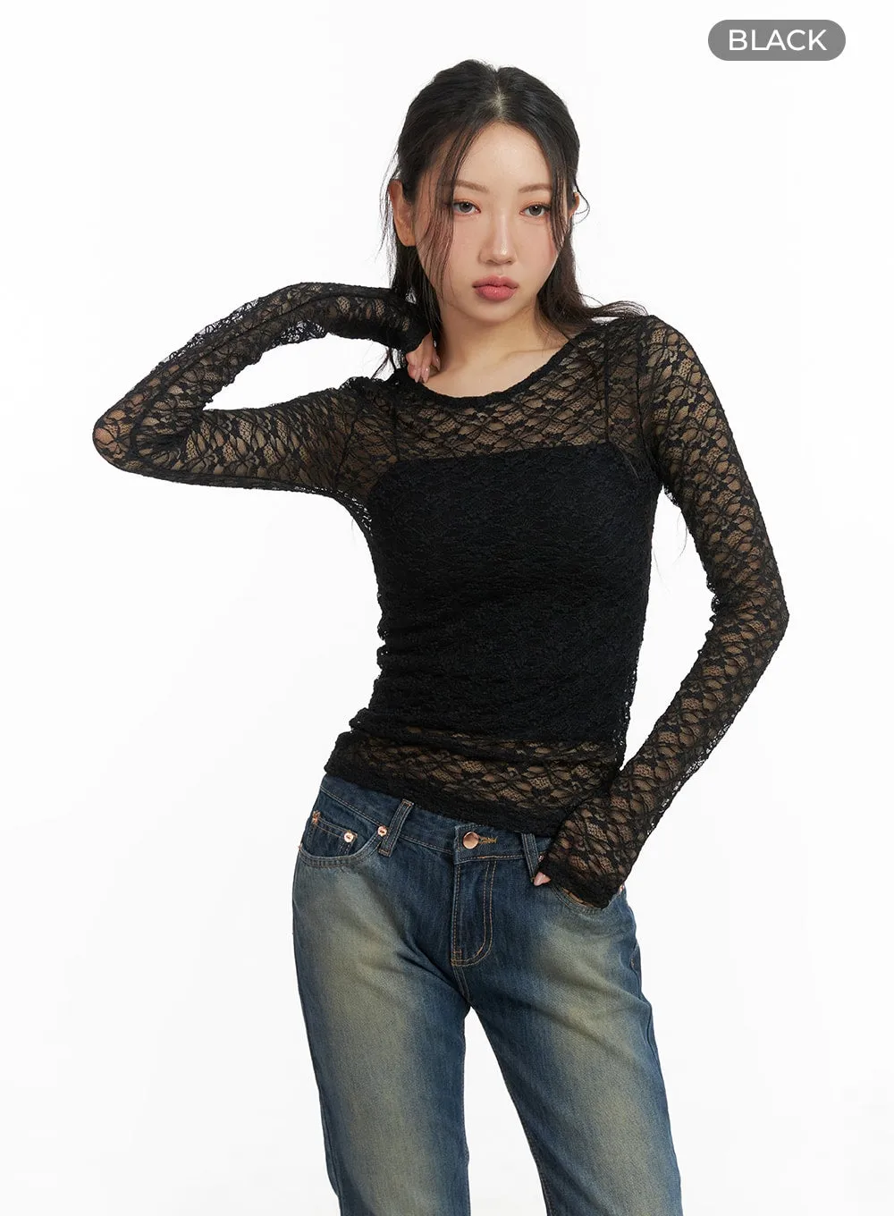 Round Neck Sheer Lace Top CM426