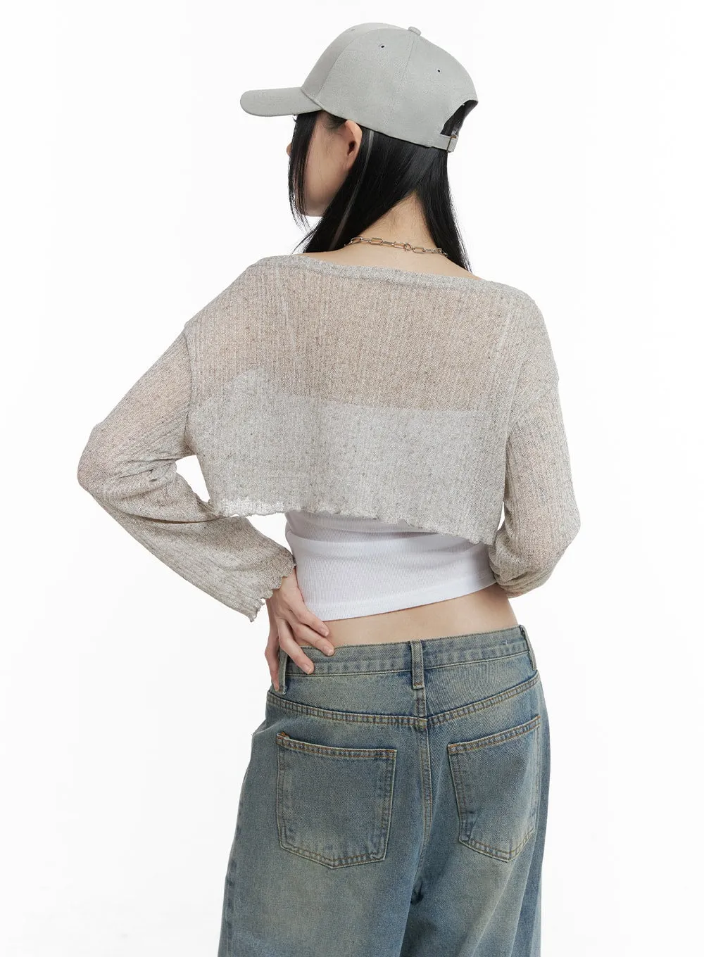 Shirred Drawstring V-Neck Crop Long Sleeve OM426