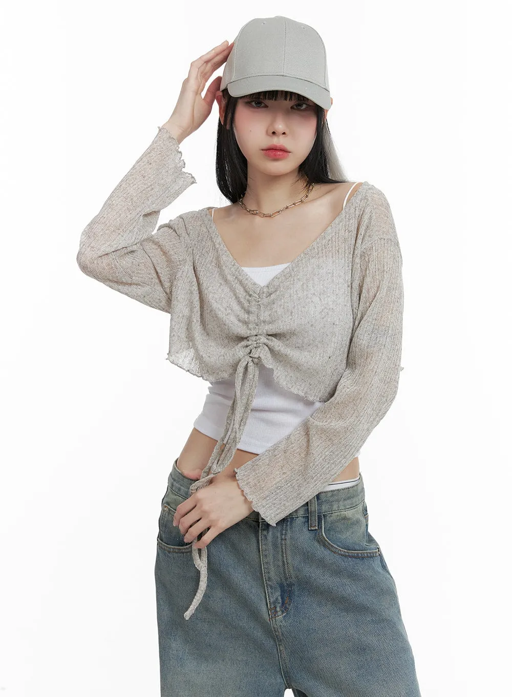 Shirred Drawstring V-Neck Crop Long Sleeve OM426