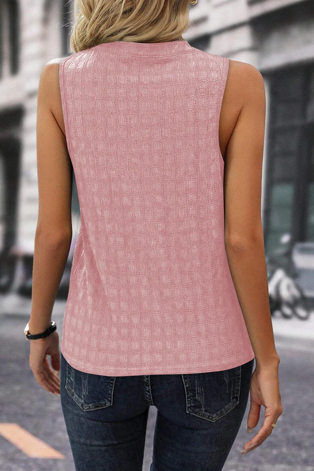 Sleeveless Pink Lattice Split Neck Top