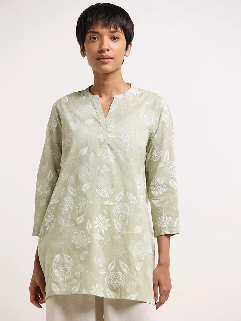 Utsa Green Floral-Print Cotton Kurti