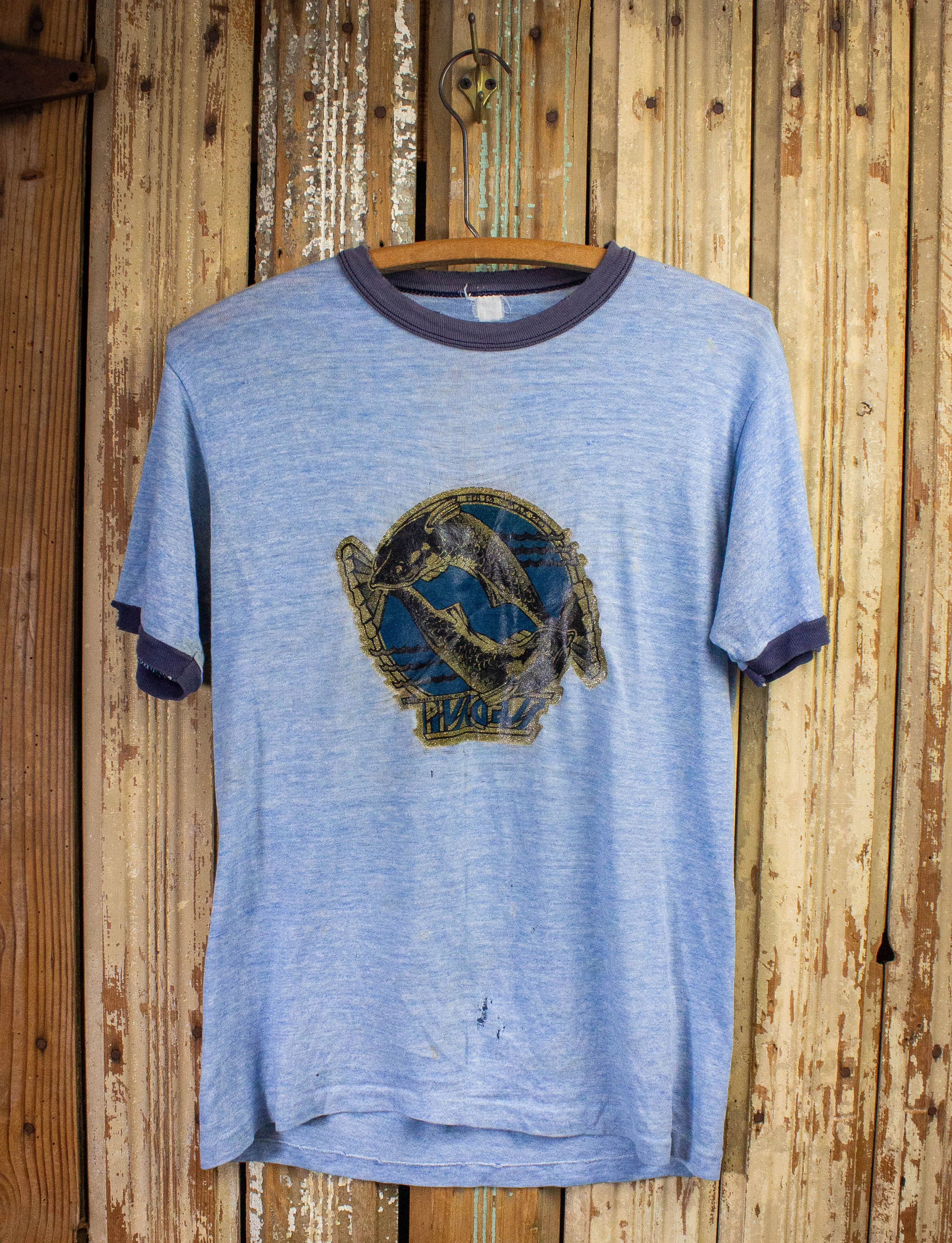 Vintage Pisces Iron On Graphic Ringer T Shirt 1979 Blue Small