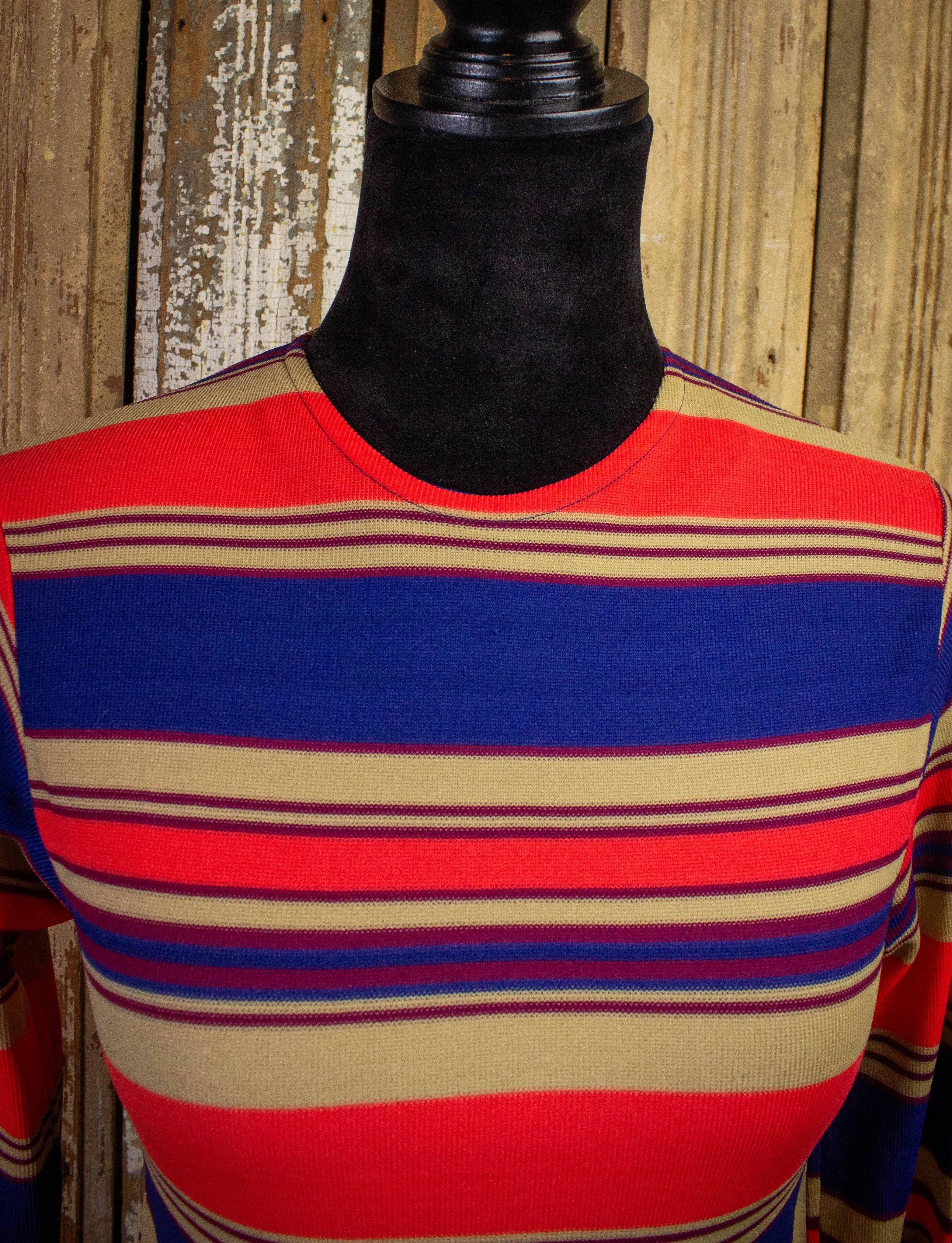 Vintage Striped Women's Long Sleeve Shirt 70s Blue/Tan/Orange Small