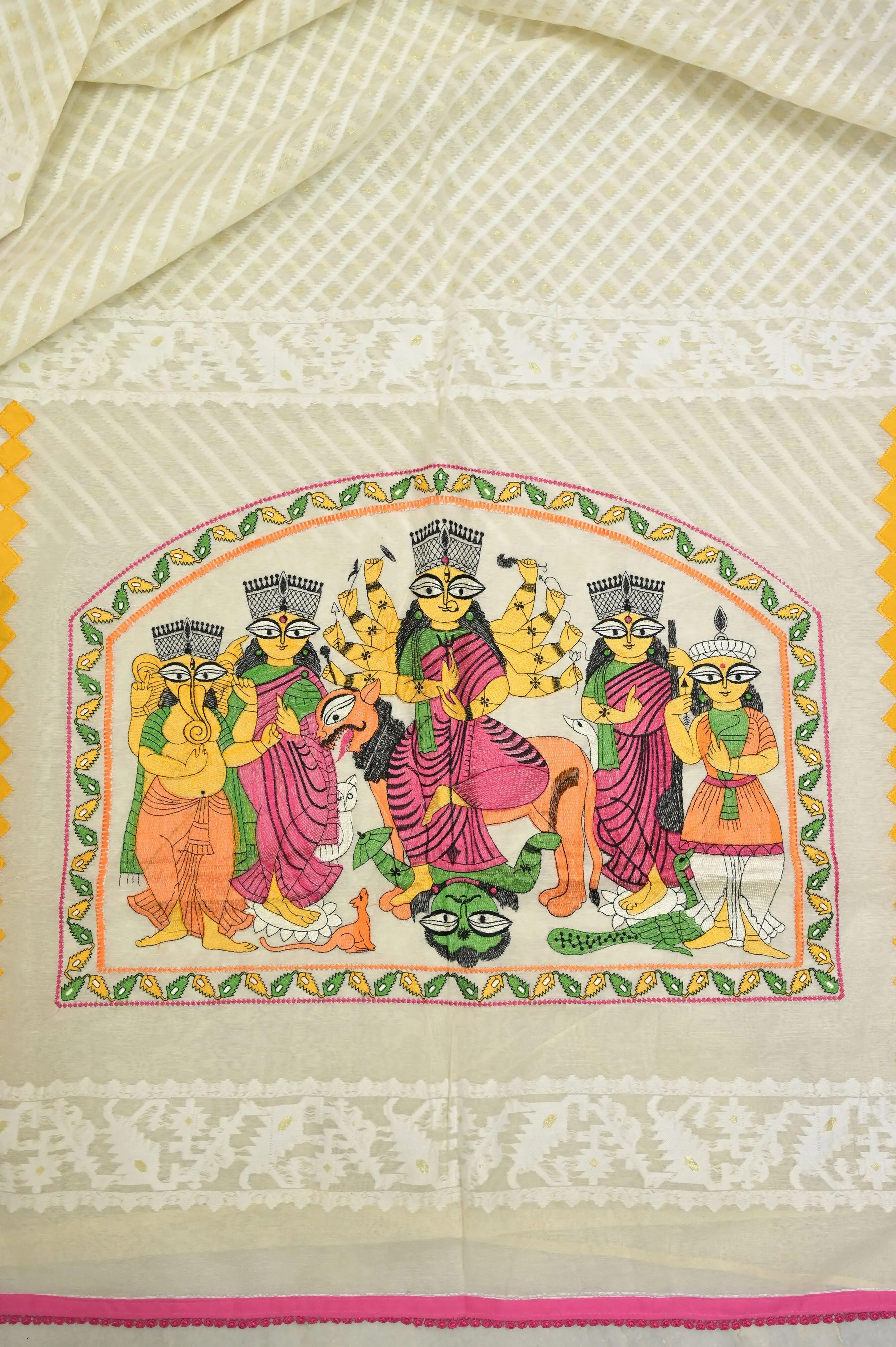 White Color Designer Durga Jamdani with Embroidered Durga Family on Pallu