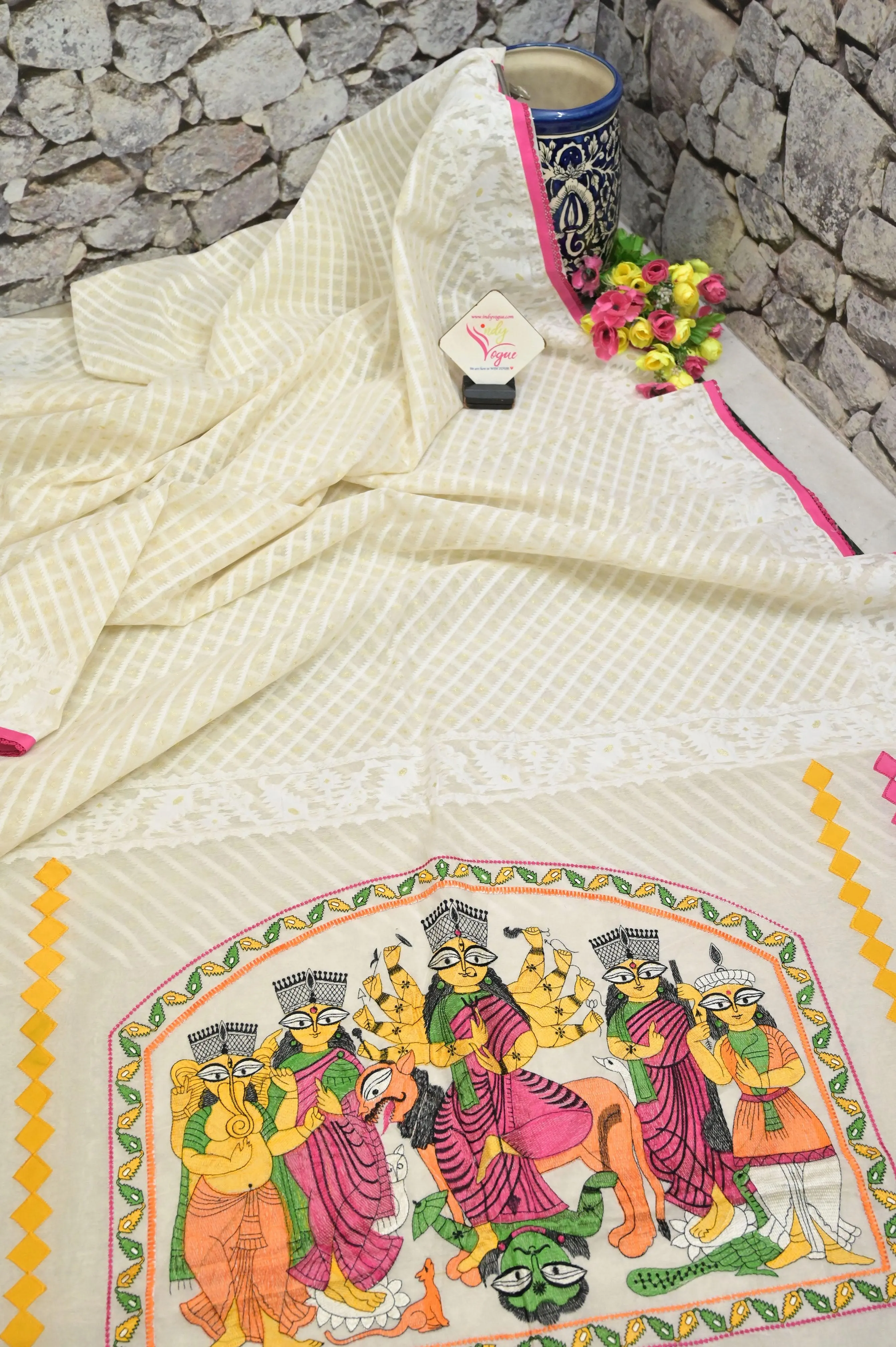 White Color Designer Durga Jamdani with Embroidered Durga Family on Pallu