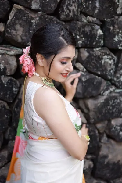 White Leaf Print Soft Litchi Silk Exclusive Saree