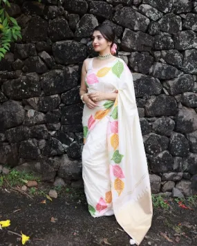 White Leaf Print Soft Litchi Silk Exclusive Saree