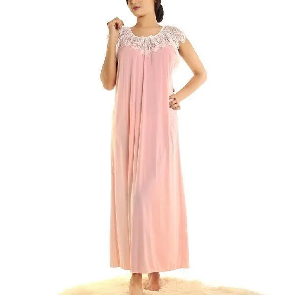 Women Soft Long Nighty Ladies Plus Size Nighty Lace Neckline And Drop Shoulders Long Nighty